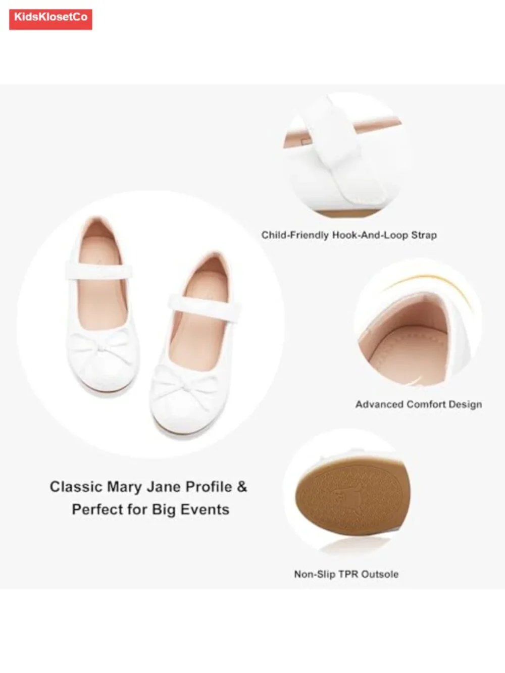 Girls Mary Jane Flats Hook-and-Loop Dress Shoes with Cushioned Comfort for